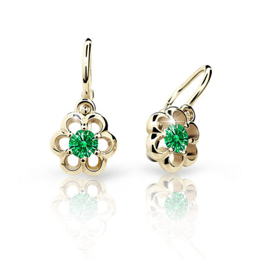 Dětské náušnice Danfil kytičky C1947 ze žlutého zlata s kamínkem Emerald Green, zapínání brizura