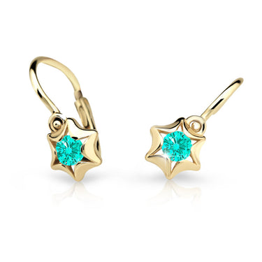 Dětské náušnice Danfil hvězdičky C2159 ze žlutého zlata s kamínkem Mint Green, zapínání brizura
