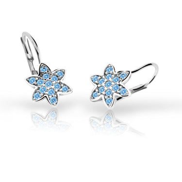 Dětské náušnice Danfil kytičky C2206 z bílého zlata s kamínky Arctic Blue, zapínání klapka