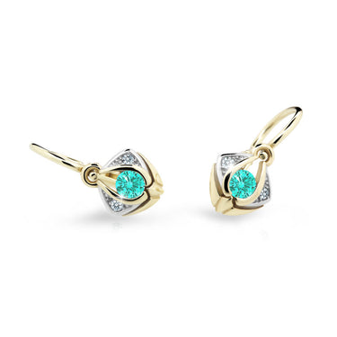 Dětské náušnice Danfil C2217 ze žlutého zlata s kamínkem Mint Green, zapínání brizura