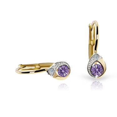 Dětské náušnice Danfil kapky C1898 ze žlutého zlata s kamínkem Amethyst, zapínání klapka