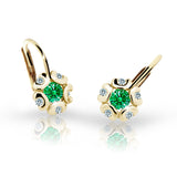 Dětské náušnice Danfil kytičky C2178 ze žlutého zlata s kamínkem Emerald Green, zapínání klapka