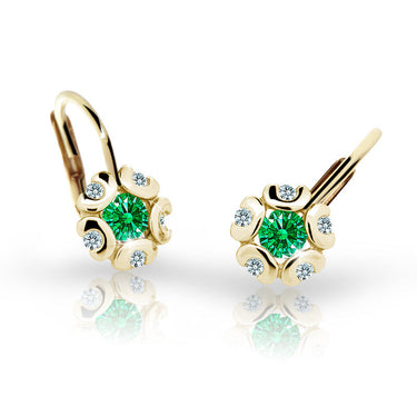 Dětské náušnice Danfil kytičky C2178 ze žlutého zlata s kamínkem Emerald Green, zapínání klapka