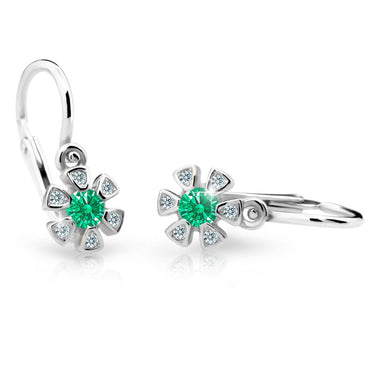 Dětské náušnice Danfil kytičky C2156 z bílého zlata s kamínkem Emerald Green, zapínání brizura