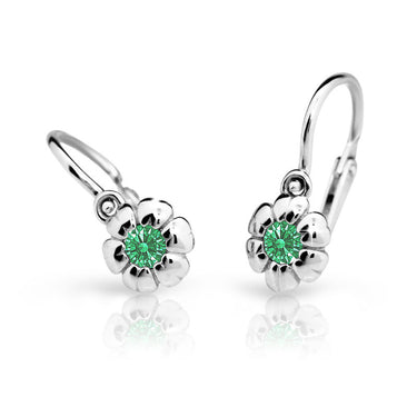 Dětské náušnice Danfil kytičky C2151 z bílého zlata s kamínkem Emerald Green, zapínání brizura