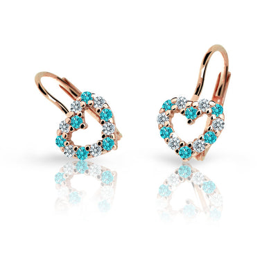 Dětské náušnice Danfil srdíčka C2157 z růžového zlata s kamínky Mint Green, zapínání klapka