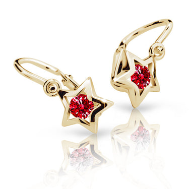 Dětské náušnice Danfil hvězdičky C1942 ze žlutého zlata s kamínkem Ruby Dark, zapínání brizura