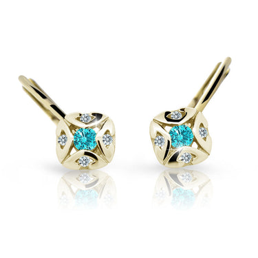 Dětské náušnice Danfil C2250 ze žlutého zlata s kamínkem Mint Green, zapínání klapka