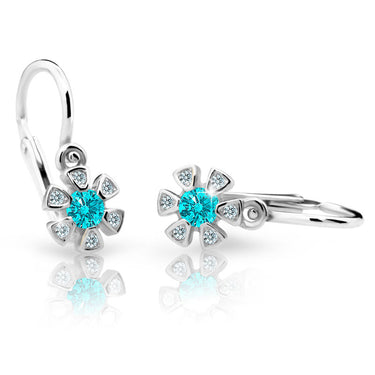 Dětské náušnice Danfil kytičky C2156 z bílého zlata s kamínkem Mint Green, zapínání brizura