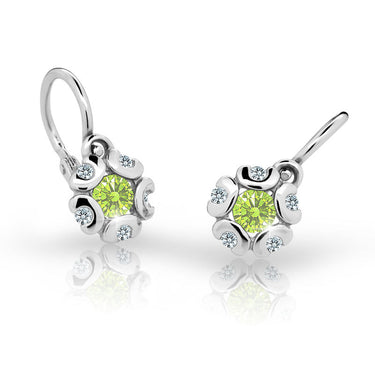 Dětské náušnice Danfil kytičky C2178 z bílého zlata s kamínkem Peridot Green, zapínání brizura