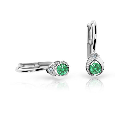 Dětské náušnice Danfil kapky C1898 z bílého zlata s kamínkem Emerald Green, zapínání klapka