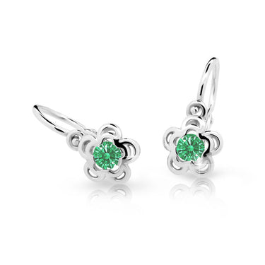 Dětské náušnice Danfil kytičky C2204 z bílého zlata s kamínkem Emerald Green, zapínání brizura