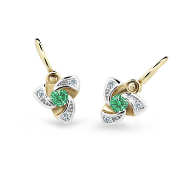 Dětské náušnice Danfil C2203 ze žlutého zlata s kamínkem Emerald Green, zapínání brizura