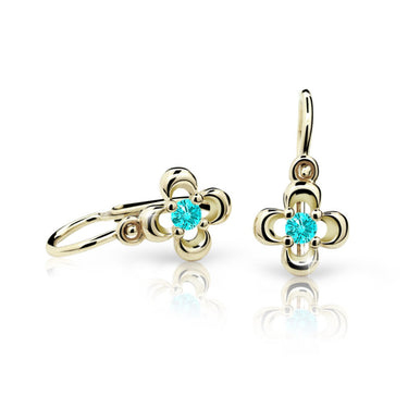 Dětské náušnice Danfil kytičky C2013 ze žlutého zlata s kamínkem Mint Green, zapínání brizura