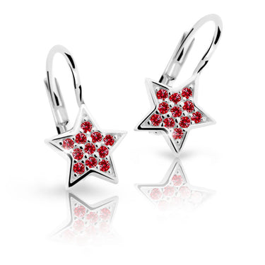 Dětské náušnice Danfil hvězdičky C2228 z bílého zlata s kamínky Ruby Dark, zapínání klapka