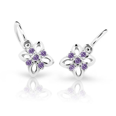 Dětské náušnice Danfil kytičky C2215 z bílého zlata s kamínky Amethyst, zapínání brizura