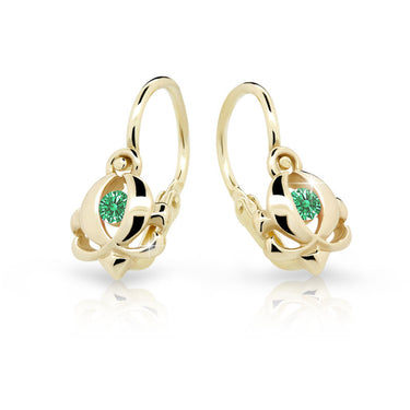 Dětské náušnice Danfil C2218 ze žlutého zlata s kamínkem Emerald Green, zapínání brizura
