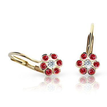 Dětské náušnice Danfil kytičky C1737 ze žlutého zlata s kamínky Ruby Dark, zapínání klapka