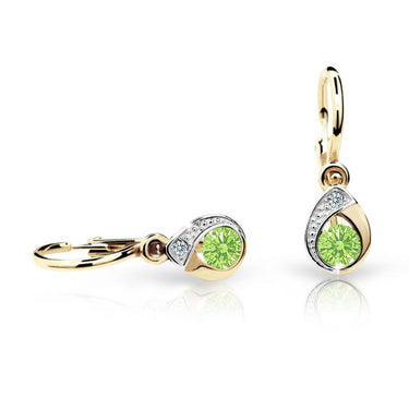 Dětské náušnice Danfil kapky C1898 ze žlutého zlata s kamínkem Peridot Green, zapínání brizura