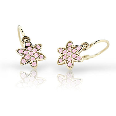 Dětské náušnice Danfil kytičky C2206 ze žlutého zlata s kamínky Pink, zapínání brizura