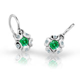 Dětské náušnice Danfil kytičky C2178 z bílého zlata s kamínkem Emerald Green, zapínání brizura