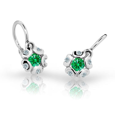 Dětské náušnice Danfil kytičky C2178 z bílého zlata s kamínkem Emerald Green, zapínání brizura