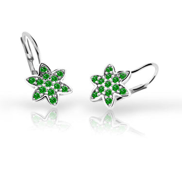 Dětské náušnice Danfil kytičky C2206 z bílého zlata s kamínky Emerald Green, zapínání klapka