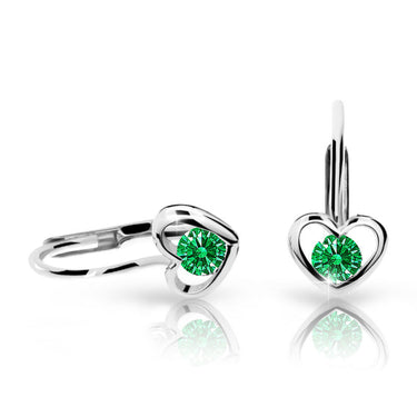 Dětské náušnice Danfil srdíčka C1943 z bílého zlata s kamínkem Emerald Green, zapínání klapka
