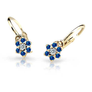 Dětské náušnice Danfil kytičky C2152 ze žlutého zlata s kamínky Dark Blue, zapínání brizura