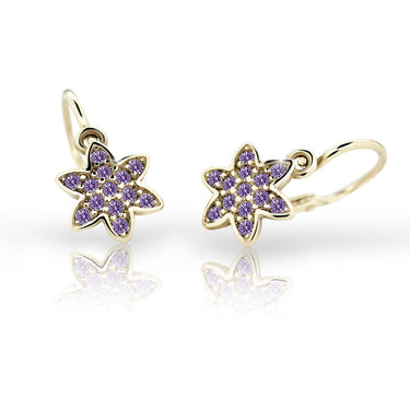 Dětské náušnice Danfil kytičky C2206 ze žlutého zlata s kamínky Amethyst, zapínání brizura