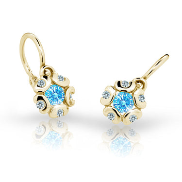 Dětské náušnice Danfil kytičky C2178 ze žlutého zlata s kamínkem Arctic Blue, zapínání brizura