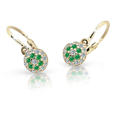 Dětské náušnice Danfil C2150 ze žlutého zlata s kamínky Emerald Green, zapínání brizura