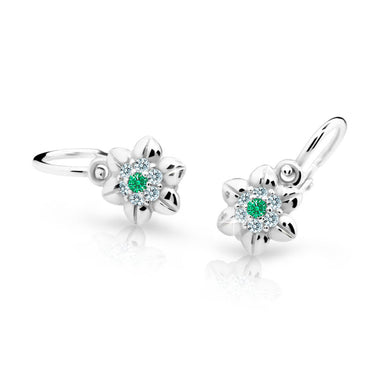 Dětské náušnice Danfil kytičky C2202 z bílého zlata s kamínkem Emerald Green, zapínání brizura