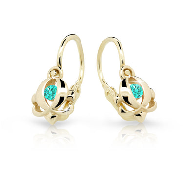 Dětské náušnice Danfil C2218 ze žlutého zlata s kamínkem Mint Green, zapínání brizura