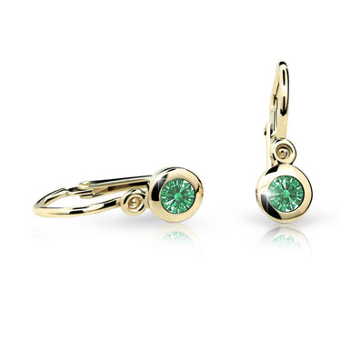 Dětské náušnice Danfil C1537 ze žlutého zlata s kamínkem Emerald Green, zapínání brizura