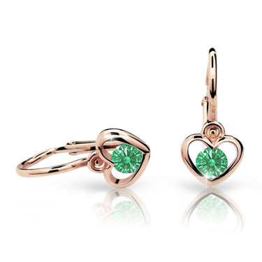 Dětské náušnice Danfil srdíčka C1943 z růžového zlata s kamínkem Emerald Green, zapínání brizura