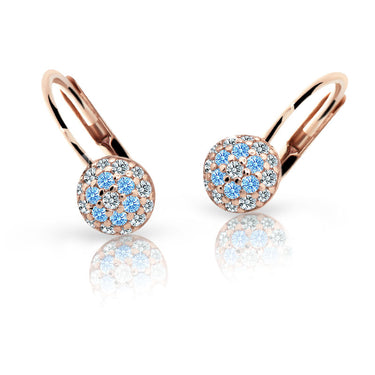 Dětské náušnice Danfil C2150 z růžového zlata s kamínky Arctic Blue, zapínání klapka