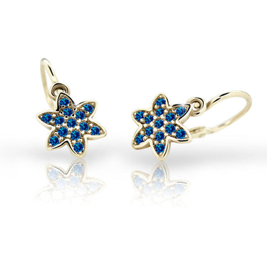 Dětské náušnice Danfil kytičky C2206 ze žlutého zlata s kamínky Dark Blue, zapínání brizura