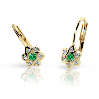 Dětské náušnice Danfil kytičky C2149 ze žlutého zlata s kamínkem Emerald Green, zapínání klapka