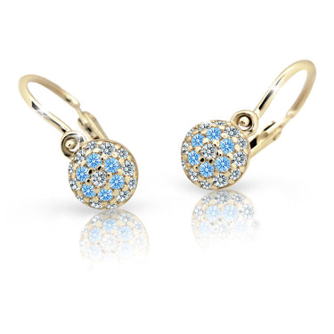 Dětské náušnice Danfil C2150 ze žlutého zlata s kamínky Arctic Blue, zapínání brizura