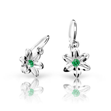 Dětské náušnice Danfil kytičky C1993 z bílého zlata s kamínkem Emerald Green, zapínání brizura
