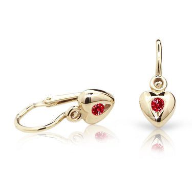 Dětské náušnice Danfil srdíčka C1556 ze žlutého zlata s kamínkem Ruby Dark, zapínání brizura