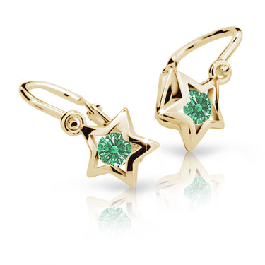 Dětské náušnice Danfil hvězdičky C1942 ze žlutého zlata s kamínkem Emerald Green, zapínání brizura