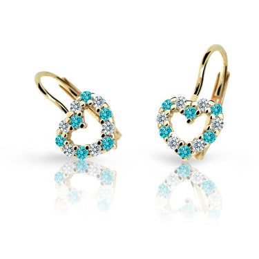 Dětské náušnice Danfil srdíčka C2157 ze žlutého zlata s kamínky Mint Green, zapínání klapka