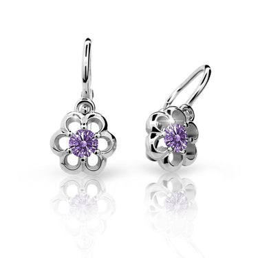 Dětské náušnice Danfil kytičky C1947 z bílého zlata s kamínkem Amethyst, zapínání brizura
