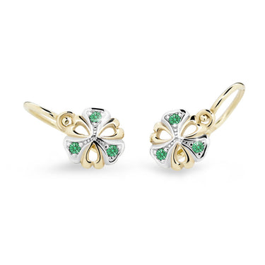 Dětské náušnice Danfil kytičky C2230 ze žlutého zlata s kamínky Emerald Green, zapínání brizura