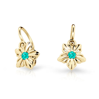 Dětské náušnice Danfil kytičky C2238 ze žlutého zlata s kamínkem Mint Green, zapínání brizura