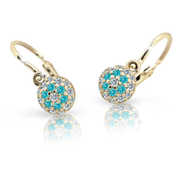 Dětské náušnice Danfil C2150 ze žlutého zlata s kamínky Mint Green, zapínání brizura