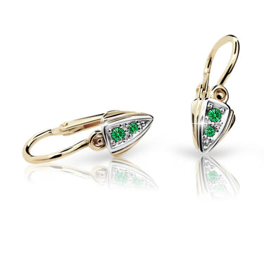 Dětské náušnice Danfil C1899 ze žlutého zlata s kamínky Emerald Green, zapínání brizura