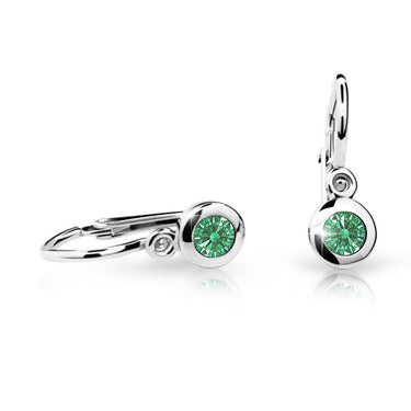 Dětské náušnice Danfil C1537 z bílého zlata s kamínkem Emerald Green, zapínání brizura